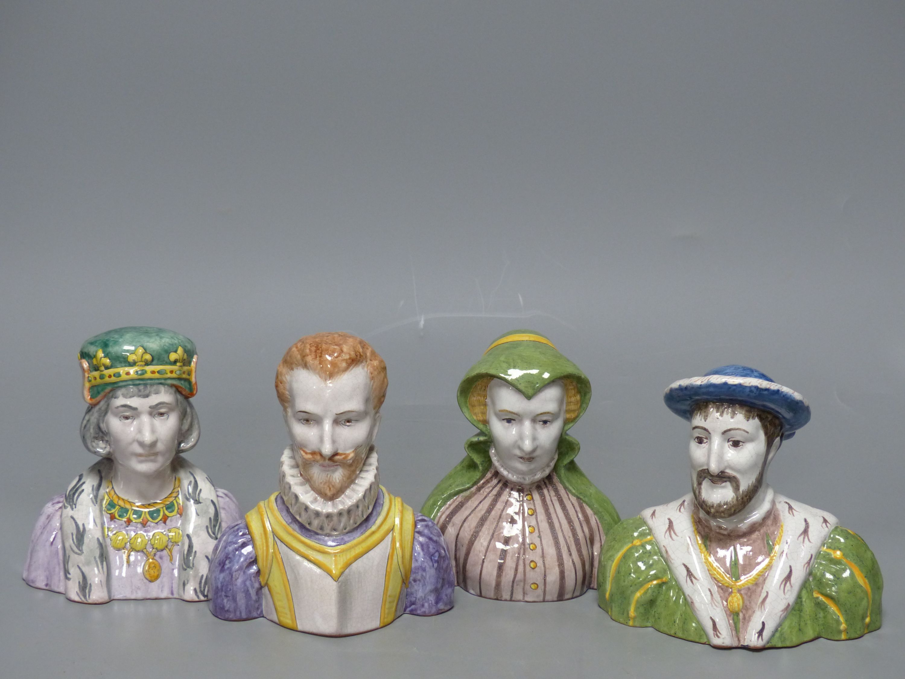 A French tin-glazed faience small bust of Catherine de Medici, another of Francois I and two others, tallest 15cm (4)